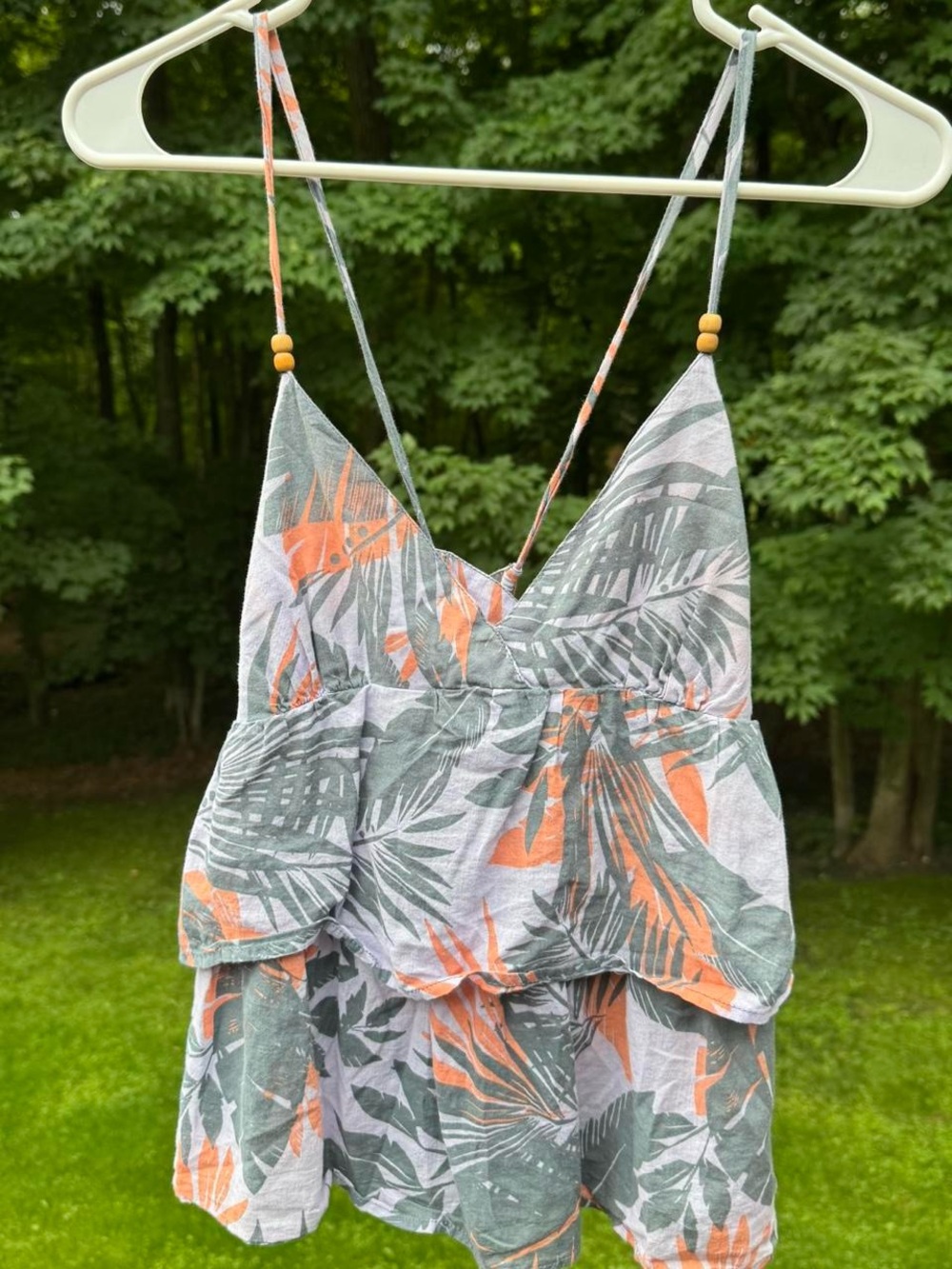 Tropical Leaf Print Spaghetti Strap Beaded Baby doll tank top - Roxy